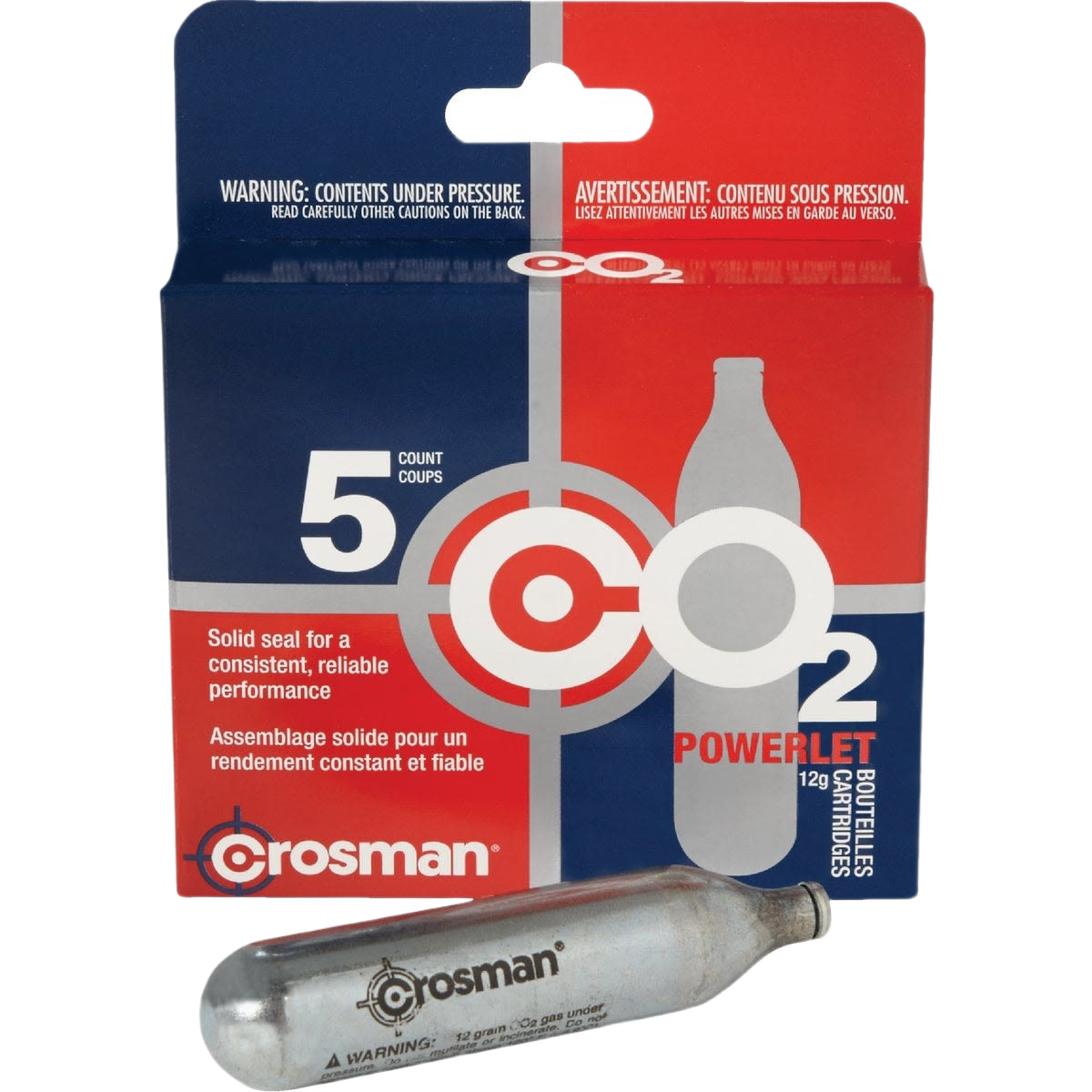 Five-pack of silver Crosman CO2 powerlet cartridges for reliable use in tools and home improvement devices
