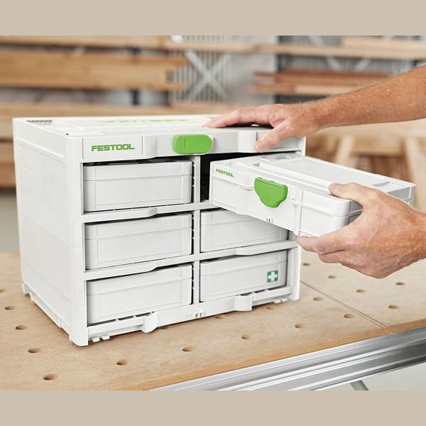 Compact Festool storage rack with six compartments designed for organizing small Systainers in workshop tool storage systems