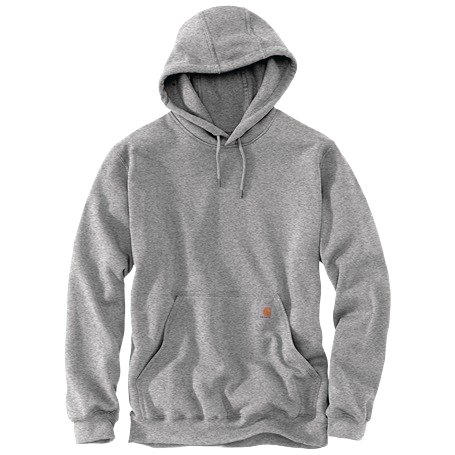 Men’s midweight cotton-polyester blend hoodie in heather gray with loose fit, adjustable hood, and kangaroo pocket from Carhartt collection