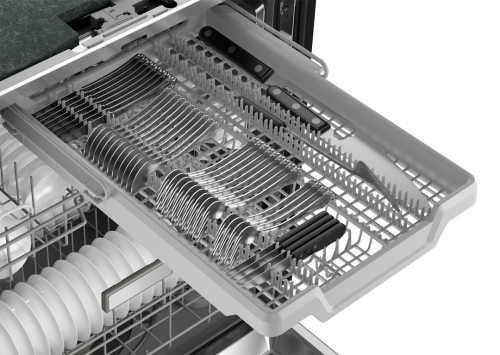 Slide-out third rack inside stainless steel dishwasher featuring organized cutlery slots from dishwashers collection