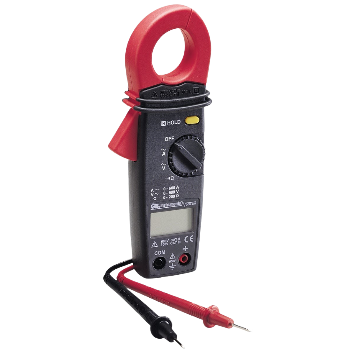 Compact digital clamp meter with red clamp and test probes for electrical measurements in home improvement tasks
