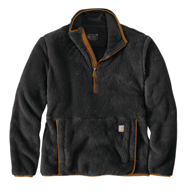 Black loose fit fleece pullover with quarter zip and contrasting brown trim for women’s outdoor wear