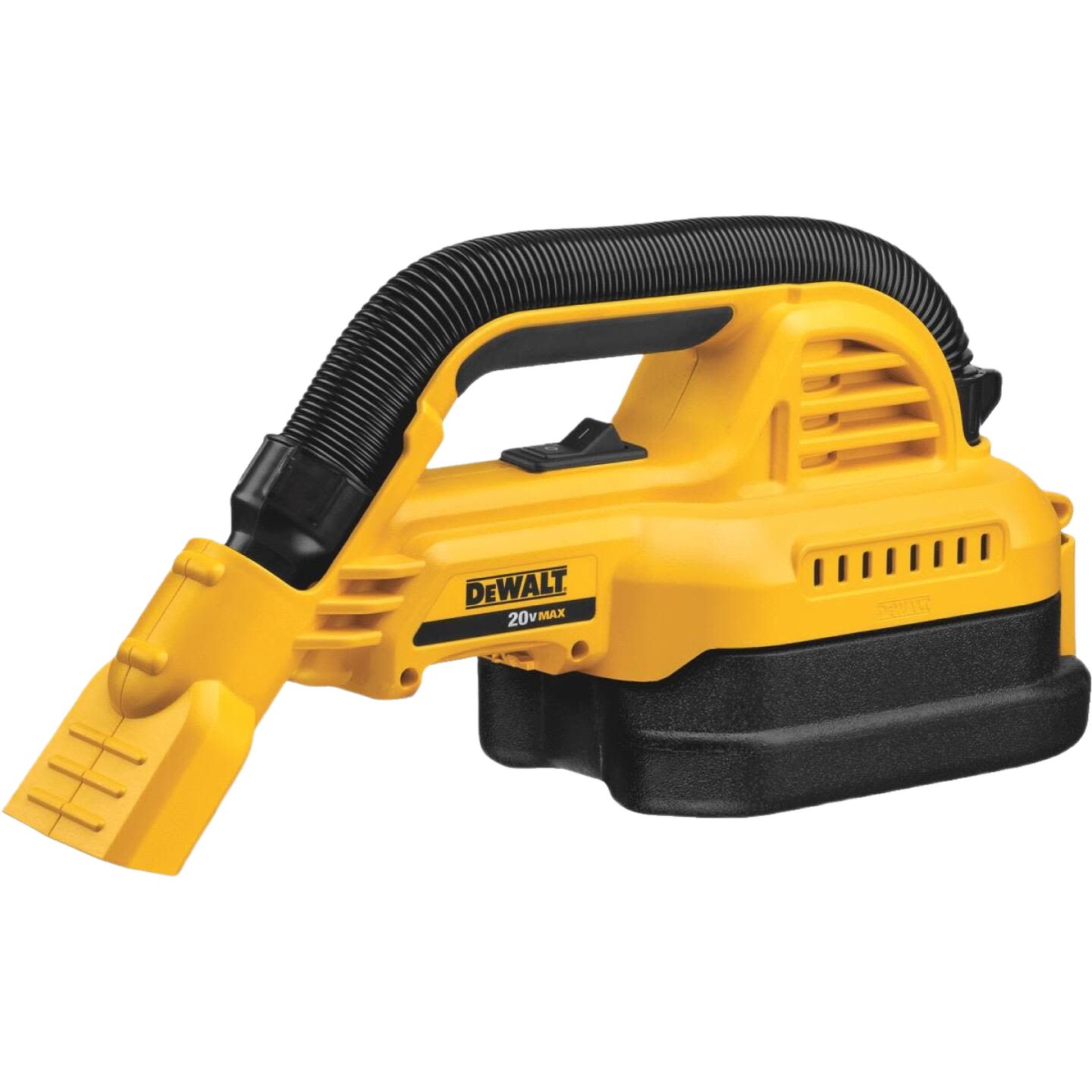 Yellow and black cordless wet/dry vacuum with flexible hose and compact design for home improvement use
