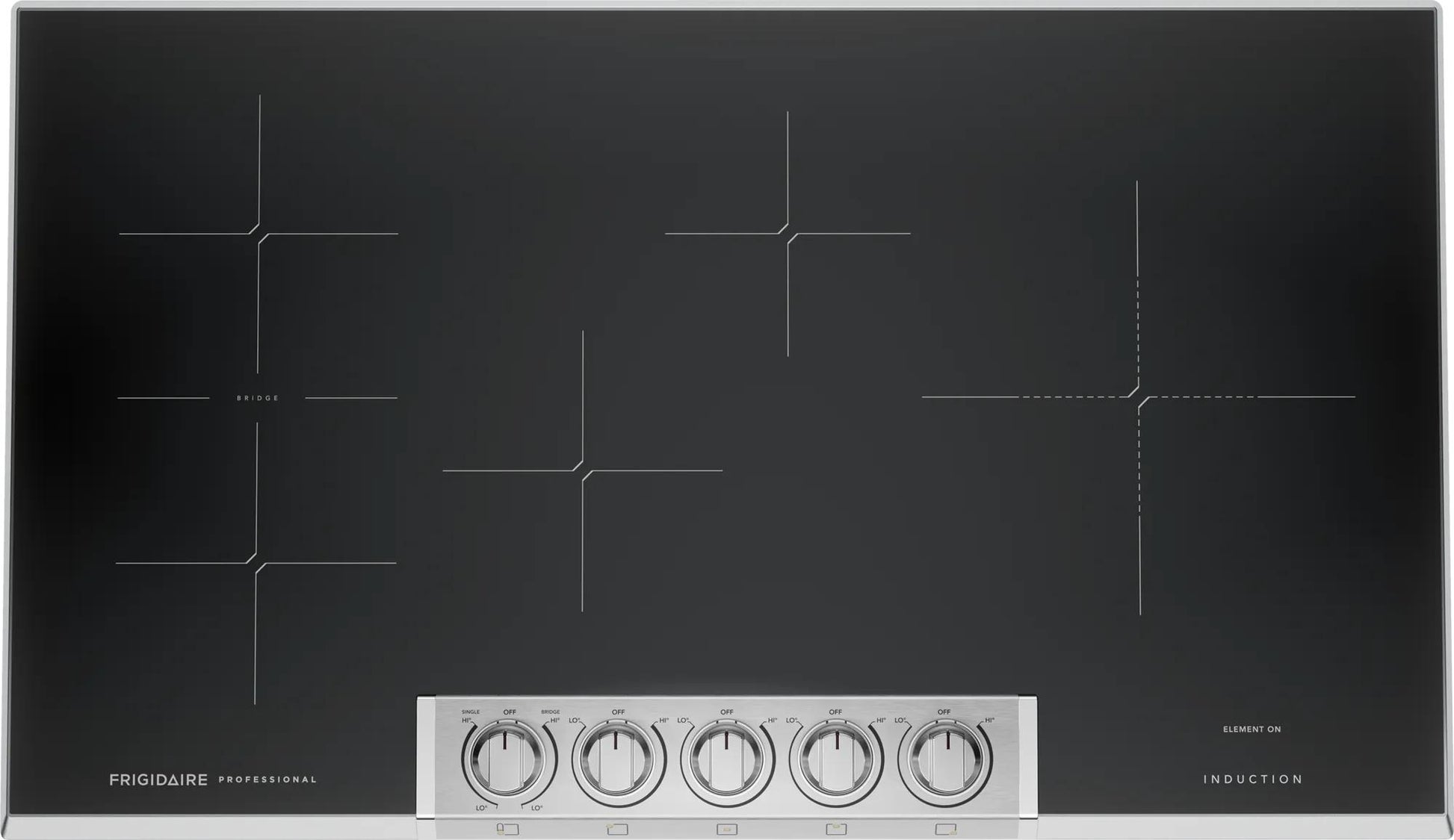 Black induction cooktop with five stainless steel control knobs in appliances and kitchenware collection