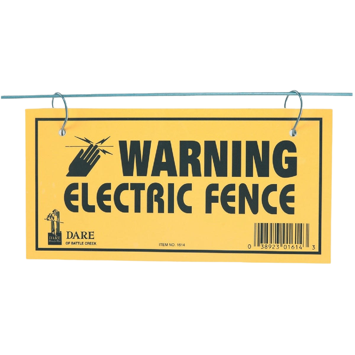 Yellow sign warning of electric fence with bold black text and icon, designed for home improvement safety use