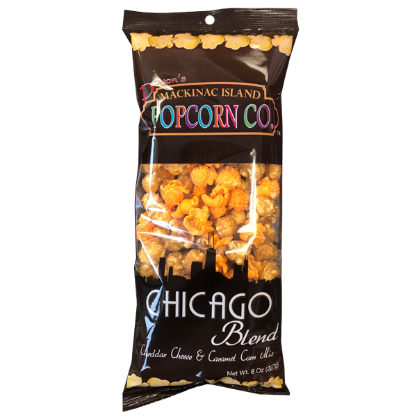 Clear bag displaying cheddar cheese and caramel popcorn mix for savory snack lovers in Chips & Snacks collection