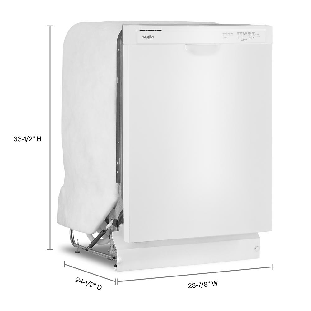 White built-in dishwasher with control panel and dimensions shown for kitchen appliances collection