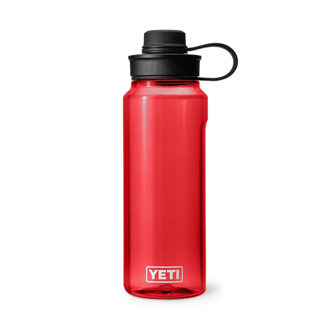 Red 34 oz. water bottle with tether cap, durable drinkware for kitchen, outdoor activities, and everyday hydration needs
