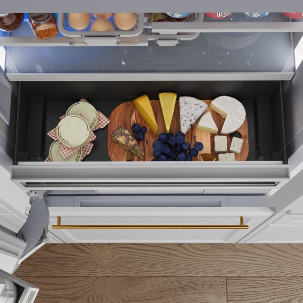 Open bottom freezer drawer with various cheeses, grapes, and crackers from Thermador kitchen appliances collection