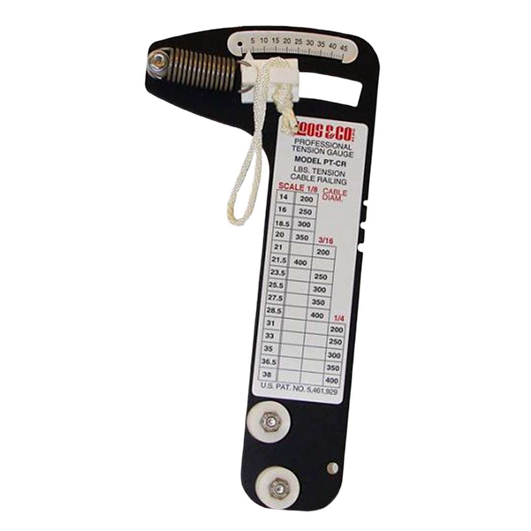 Black professional cable tension gauge tool with scale markings for 1/8 inch cables in hand and woodworking tools collection