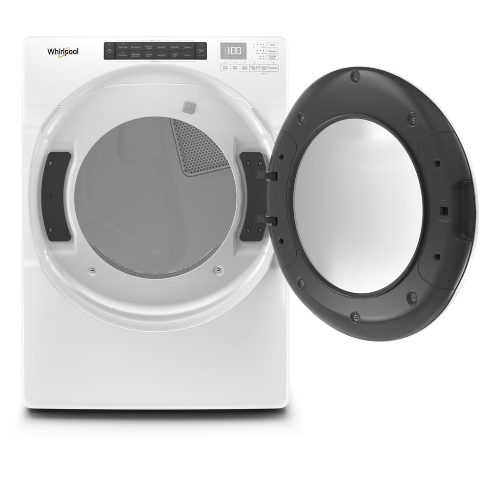 White front load gas dryer with open black door and digital control panel from Dryers and Appliances collections