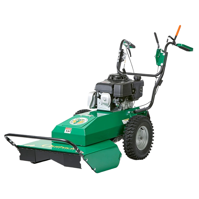 Green and black self-propelled brushcutter with rugged tires and adjustable handle, designed for clearing dense vegetation, featured in Rental Equipment and All Products at Hartville Hardware.