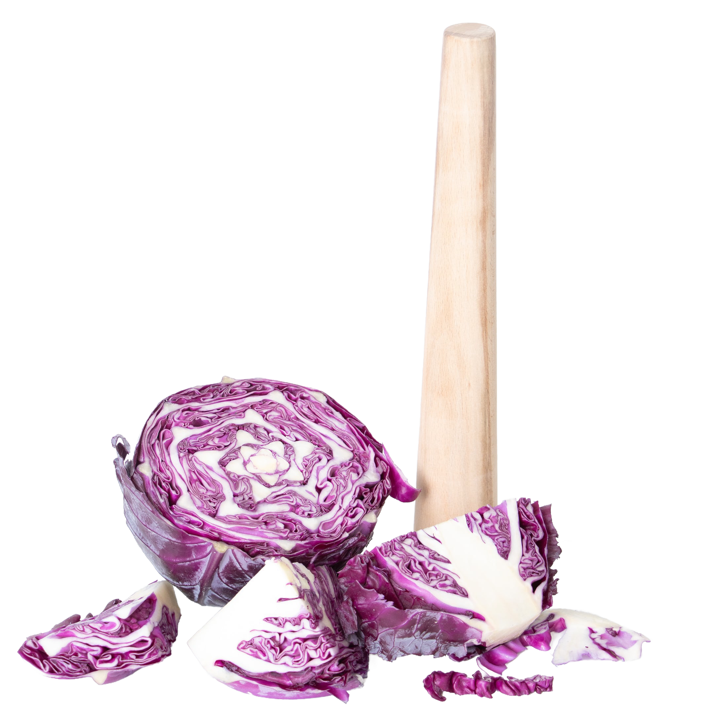 Light wooden dual-sided stomper standing beside sliced purple cabbage for kitchenware under $50 collections