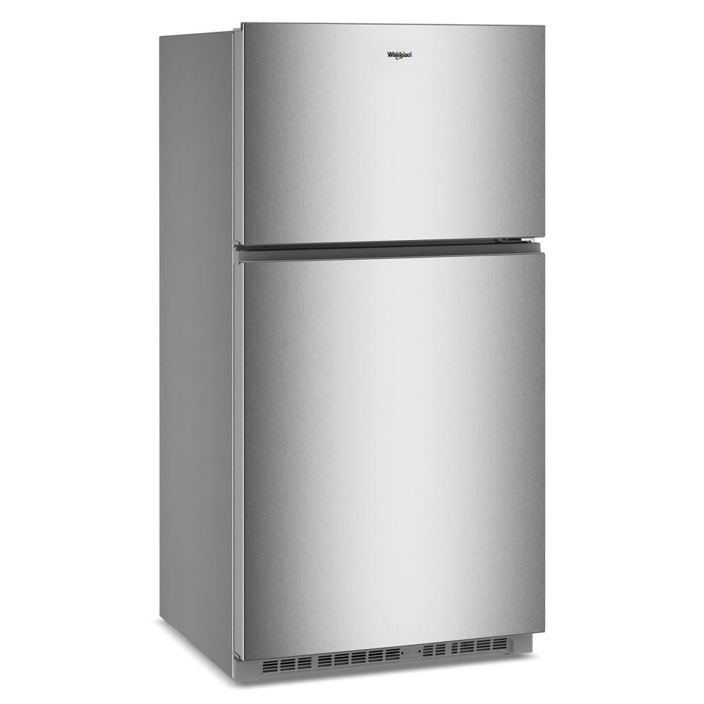 Three-quarter view of a stainless steel top freezer refrigerator with smooth finish, featured in Refrigerators, Top Freezer Refrigerators, Kitchen & Kitchenware, and Appliances at Hartville Hardware.