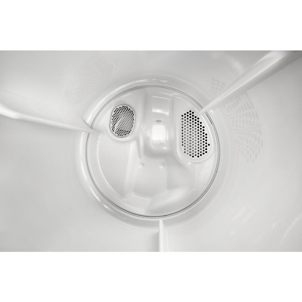 Interior drum of large capacity top load gas dryer with vented panels for efficient drying performance