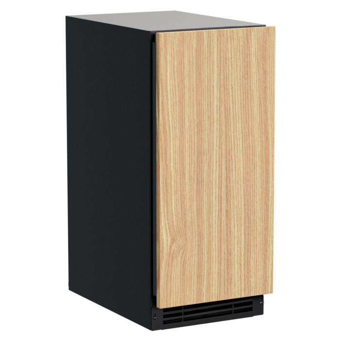 Undercounter black ice machine with a wood finish door panel, designed for kitchens and home bars in appliances collection