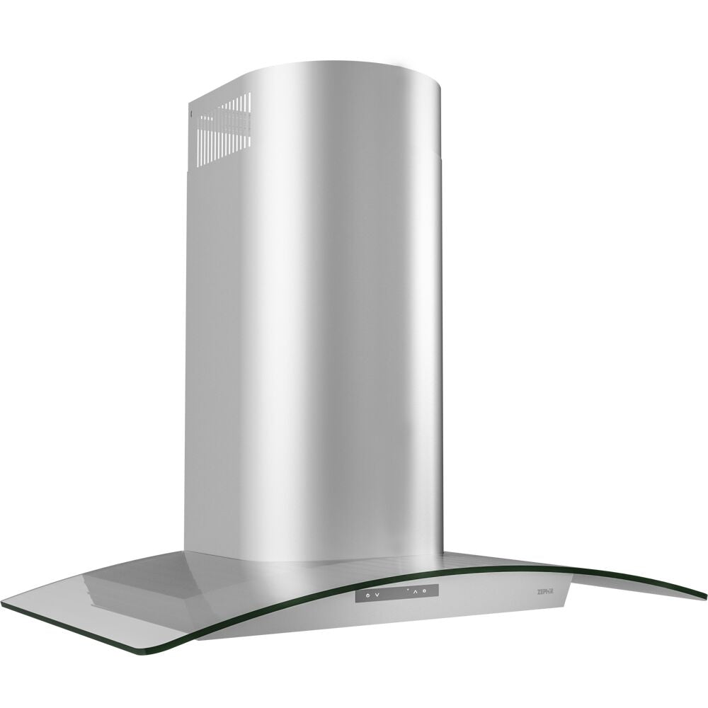 Stainless steel chimney hood with curved glass canopy and touch controls in range hoods and kitchenware collection