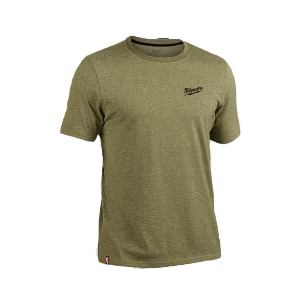 Olive green short sleeve hybrid work tee with Milwaukee logo for tools and home improvement tasks.