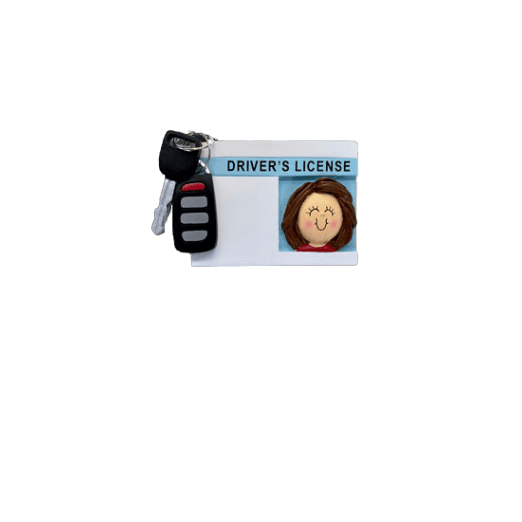 Personalized Christmas ornament featuring a brown-haired female driver’s license with attached car key fob decoration