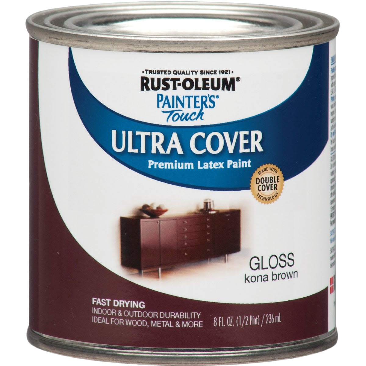 Half-pint can of glossy Kona Brown Rust-Oleum multi-purpose paint from Specialty Paint collection for home improvement