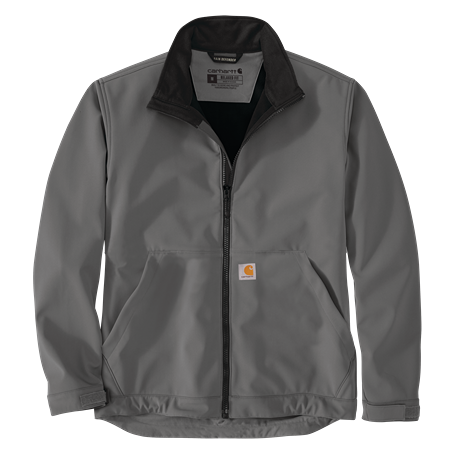 Gray softshell jacket with black collar and front pockets designed for outdoor and workwear use