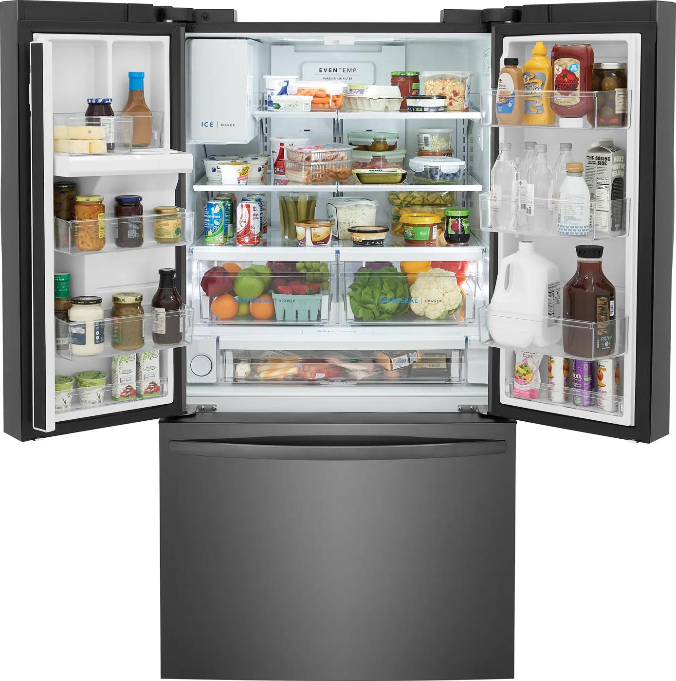 standard-depth French door refrigerator with organized fresh produce and beverages in refrigerator collection