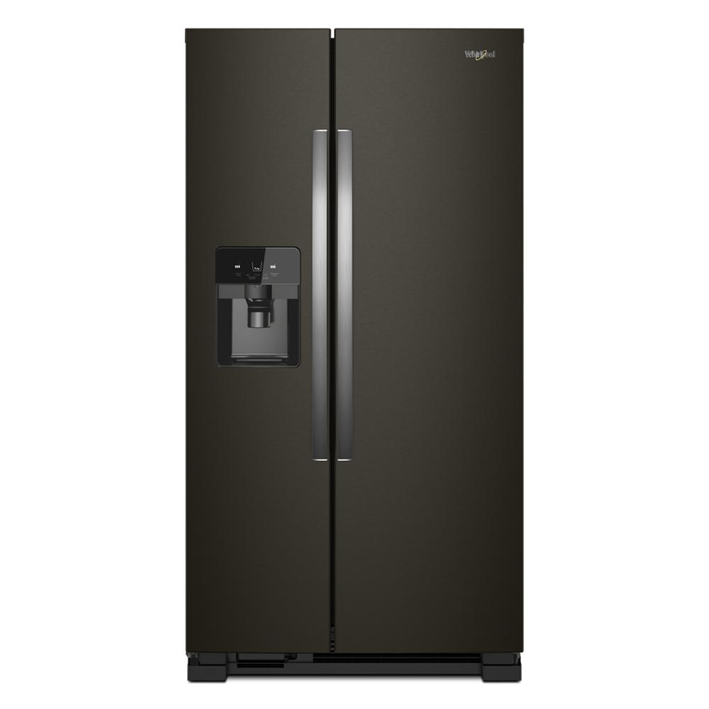 Whirlpool black side-by-side refrigerator with 25 cu. ft. capacity, water dispenser, and frameless glass shelves from appliances collection