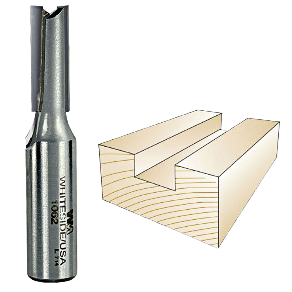 Steel straight router bit with 1/2-inch shank, used for cutting grooves and dados in woodworking projects