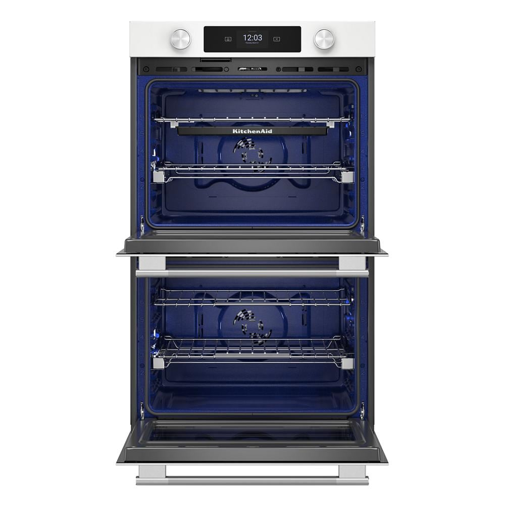 30-inch white smart electric double wall oven with blue interior and LED touchscreen controls from KitchenAid collection