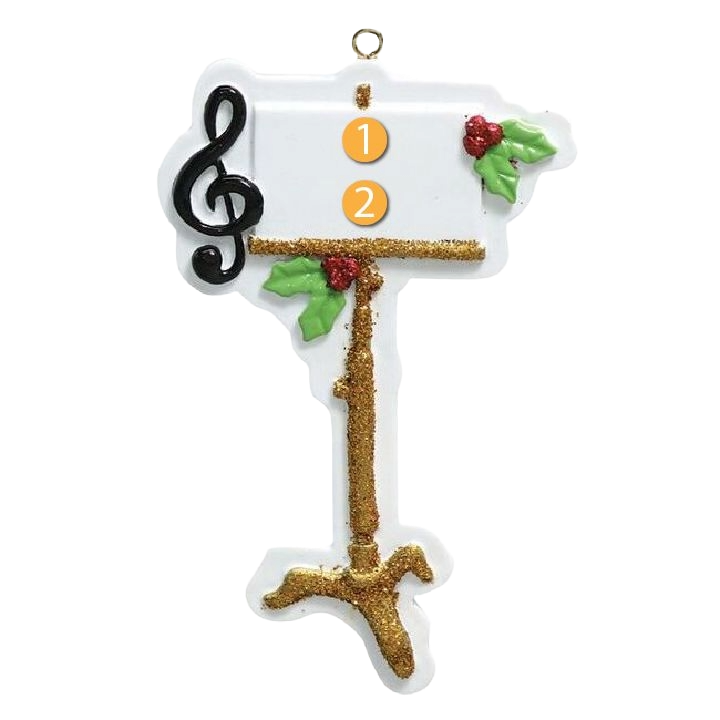 White music stand ornament with gold glitter accents, black treble clef, and holly decorations for Christmas tree décor under $50