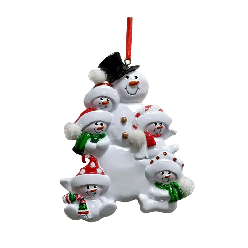 Personalized snowman family ornament with five figures wearing festive hats and scarves for Christmas tree decor under 50 dollars