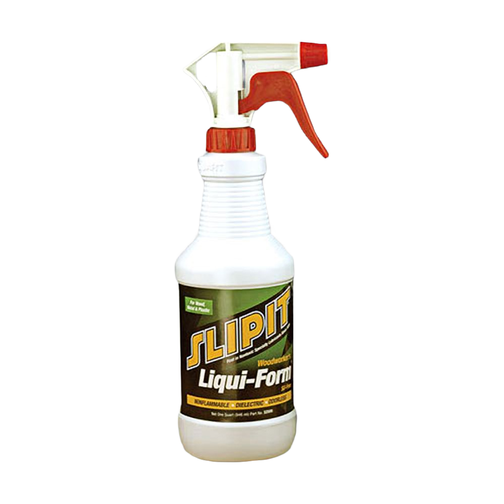 White spray pump bottle with red trigger featuring Slipit Liqui-Form lubricant for woodworking tool accessories and home improvement tasks