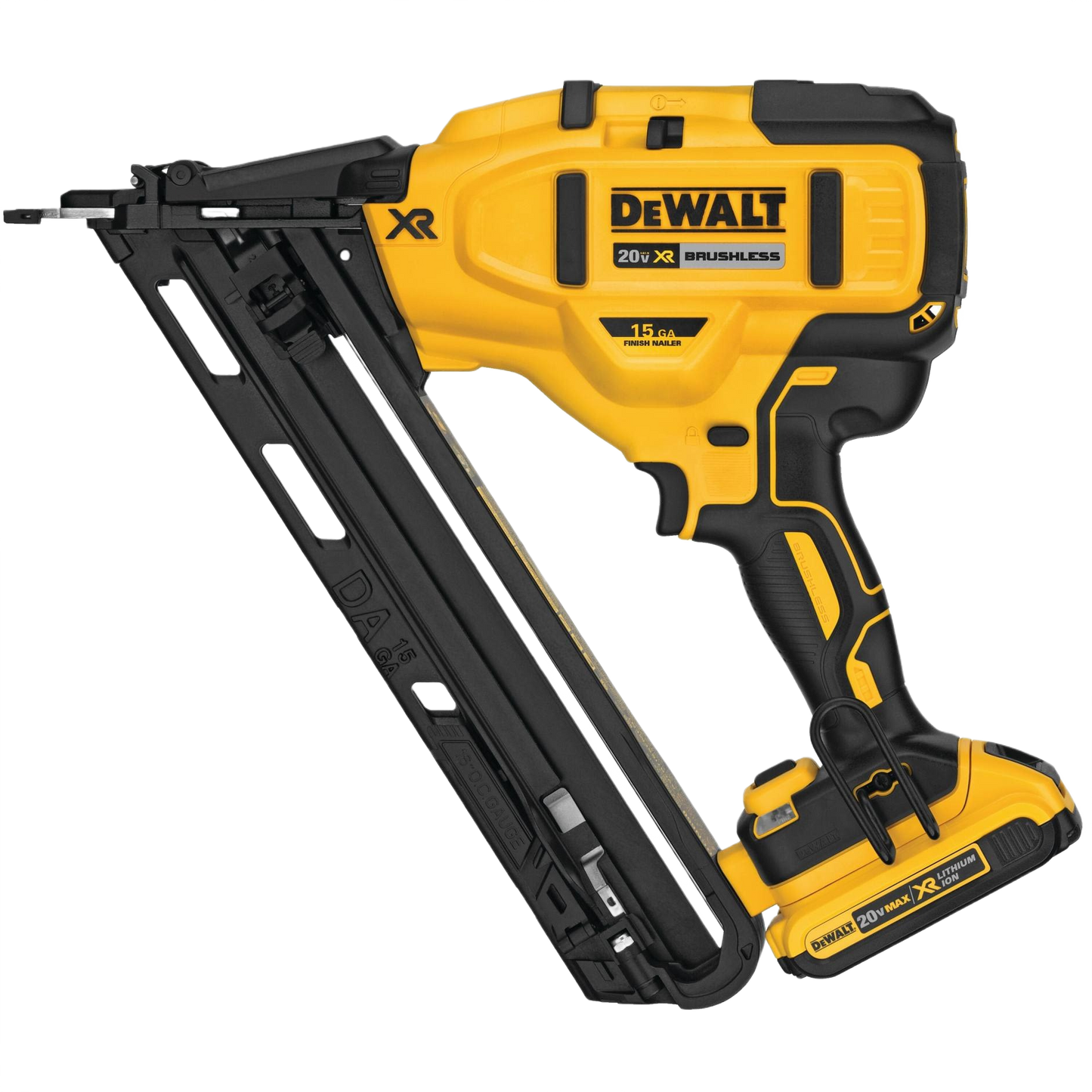 Yellow and black cordless angled finish nailer with brushless motor and 20V battery for home improvement tasks