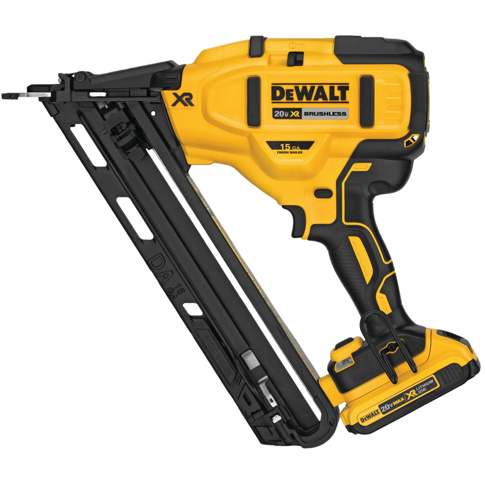 Yellow and black cordless angled finish nailer with brushless motor and 20V battery for home improvement tasks