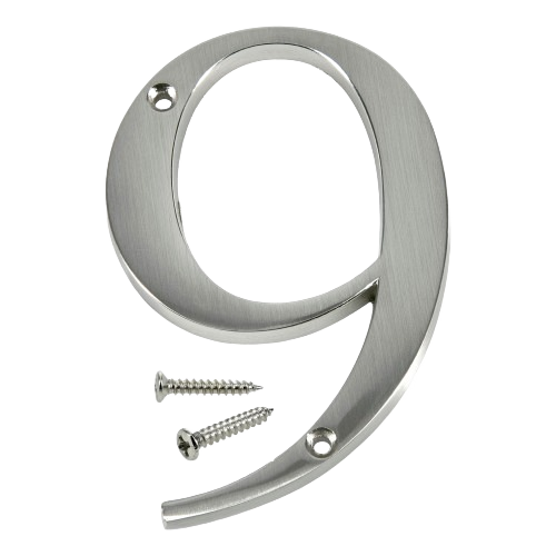 Flush mount nickel house number 9 with two mounting screws for home improvement projects and exterior labeling