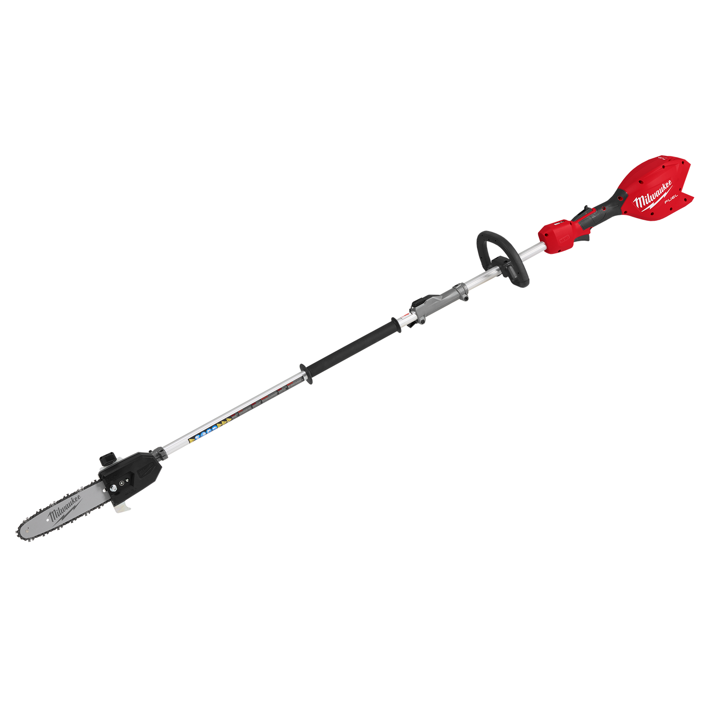 Cordless red and black pole saw with adjustable length and compact cutting bar for outdoor tree trimming tasks