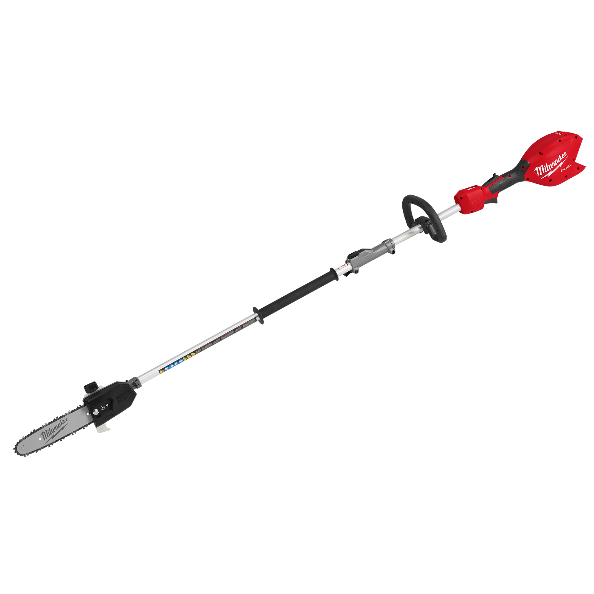 Cordless red and black pole saw with adjustable length and compact cutting bar for outdoor tree trimming tasks