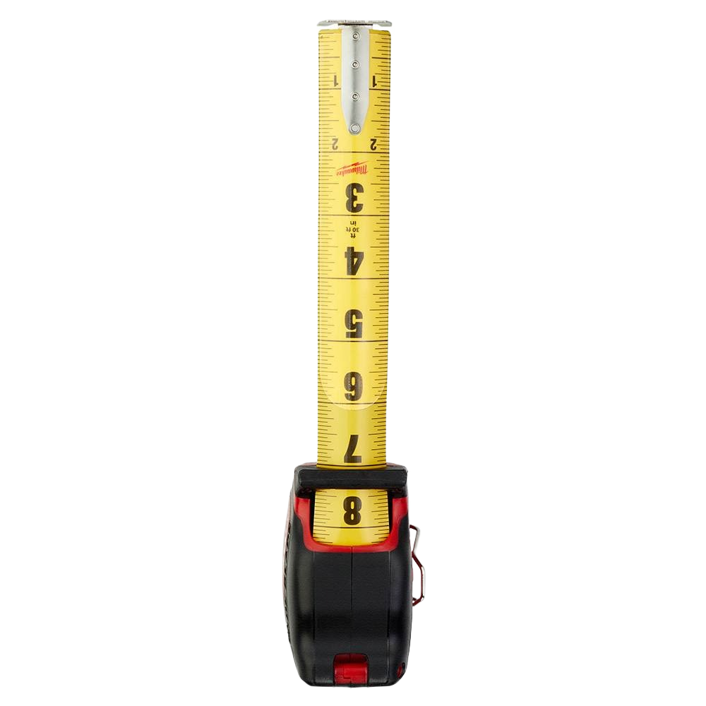 Black and red Milwaukee tape measure extended showing yellow blade with bold black numbers for woodworking and home improvement tasks