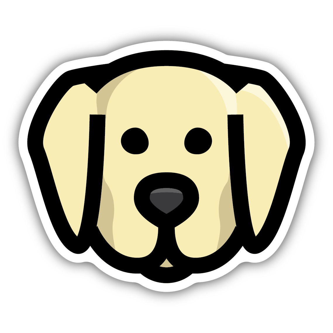 Illustrated yellow labrador retriever face sticker with simple lines and neutral expression on black background