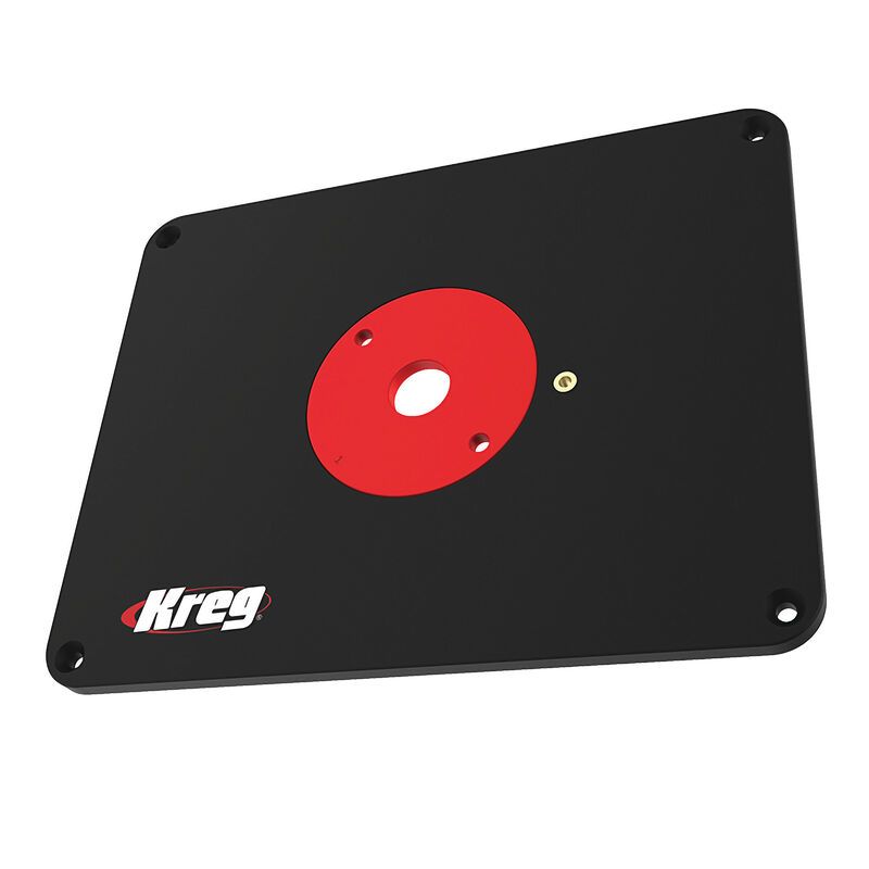 Black phenolic router table insert plate with red center ring for woodworking tool accessories and home improvement projects