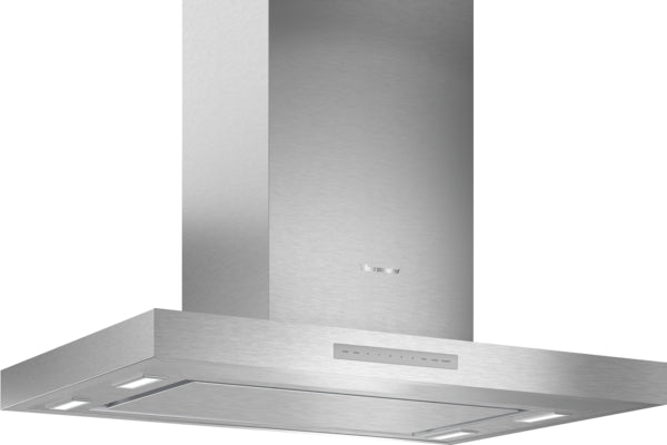 Stainless steel island range hood with sleek digital touch controls from Thermador for modern kitchens and home improvement