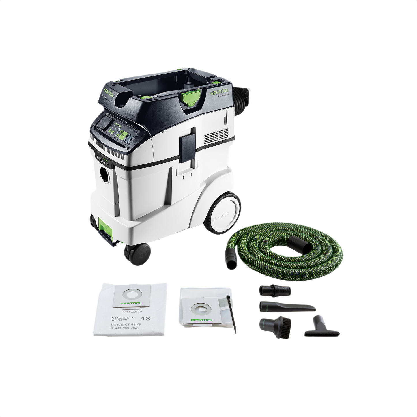 Compact white and black HEPA dust extractor with green hose and attachments for woodworking and air filtration tools