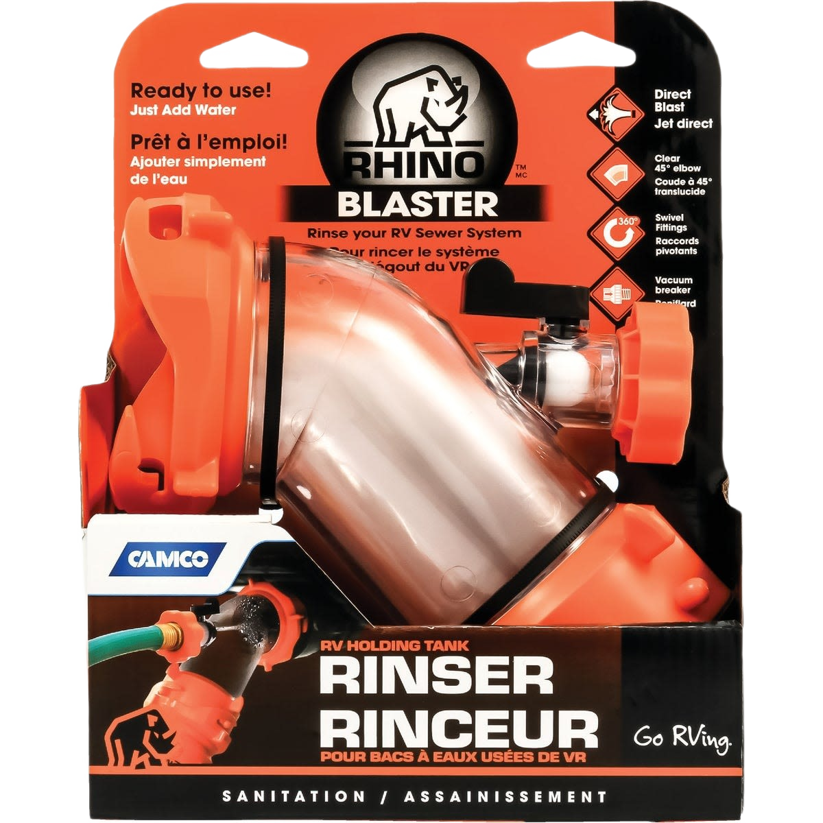 Orange and clear RV holding tank rinser attachment with swivel fittings for tools and home improvement projects