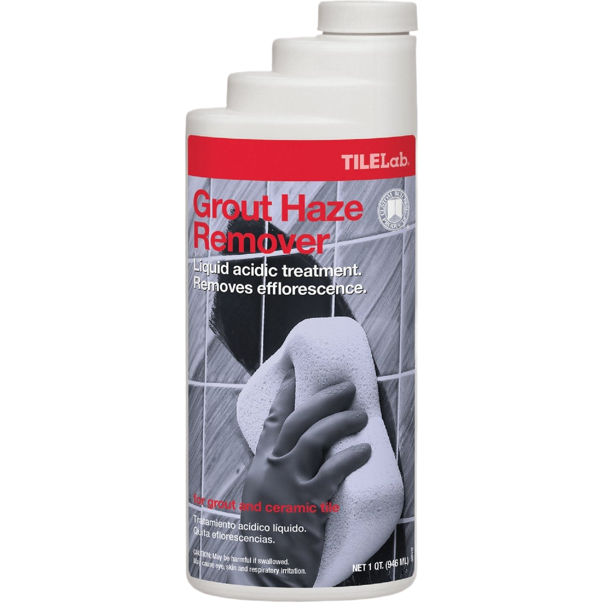 White plastic bottle of grout haze remover with red label showing hand cleaning tile with sponge for flooring tools collections