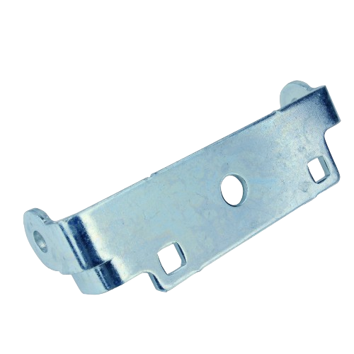 Galvanized metal discharge chute hinge with mounting holes for lawn mower repair and home improvement tasks