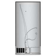 Rear view of KitchenAid bottom mount refrigerator showing ventilation grilles, wiring harness, and service panel in stainless steel finish