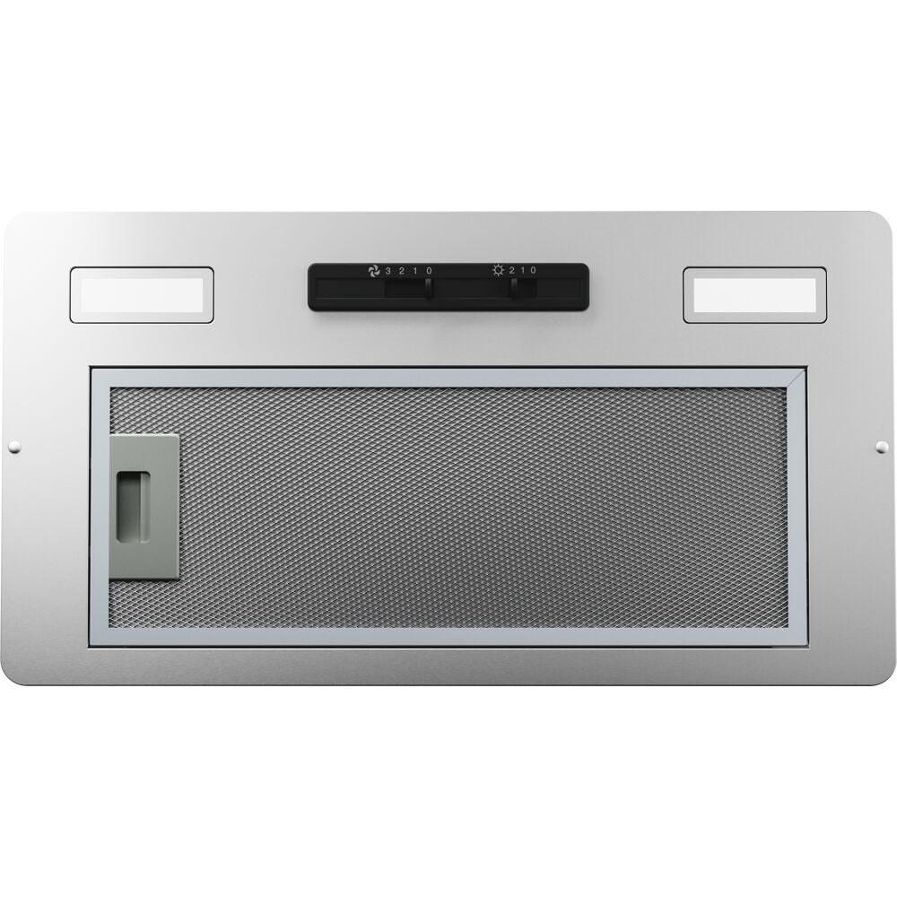 Energy Star certified stainless steel insert hood with LED lights and mechanical controls for kitchen ventilation and home improvement.