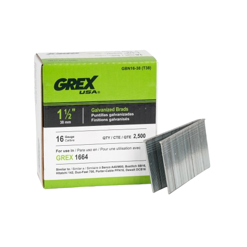 Box of galvanized 16 gauge 1-1/2 inch brads with 2,500 pieces for tools and home improvement projects
