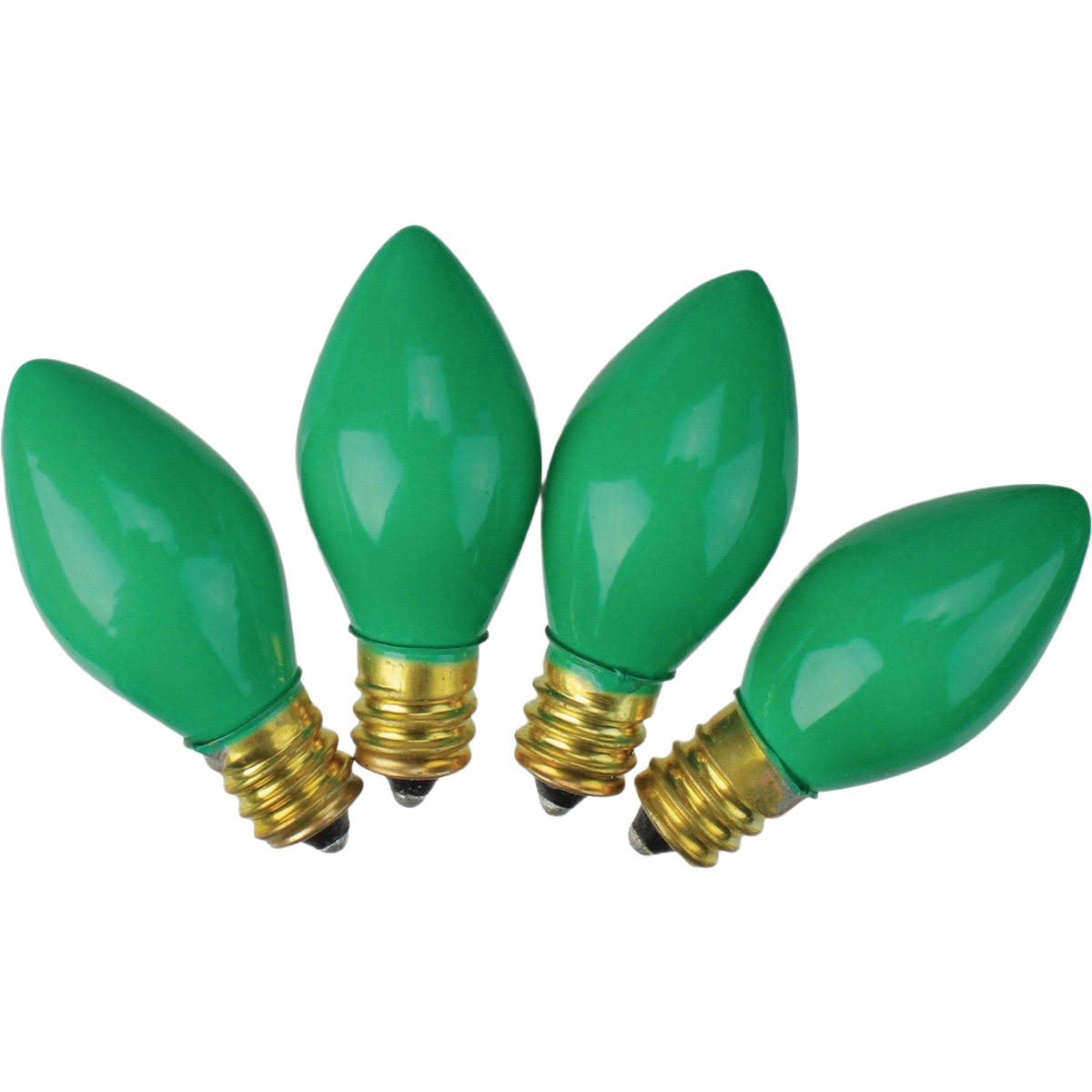 Set of four green C7 replacement light bulbs with brass bases for Christmas lights and home improvement use