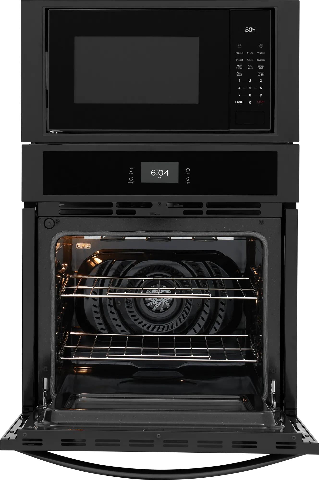 Black built-in microwave and electric wall oven combo with open oven door and convection fan in kitchen appliances collection